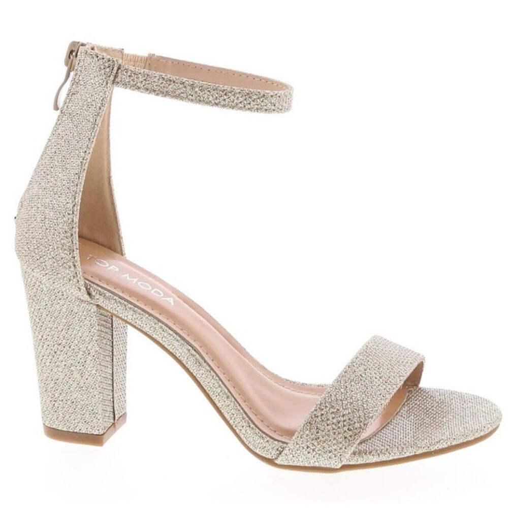 TOP MODA Hannah Ankle Strap High Heel Block champagne gold sparkly women’s 6 EUC
